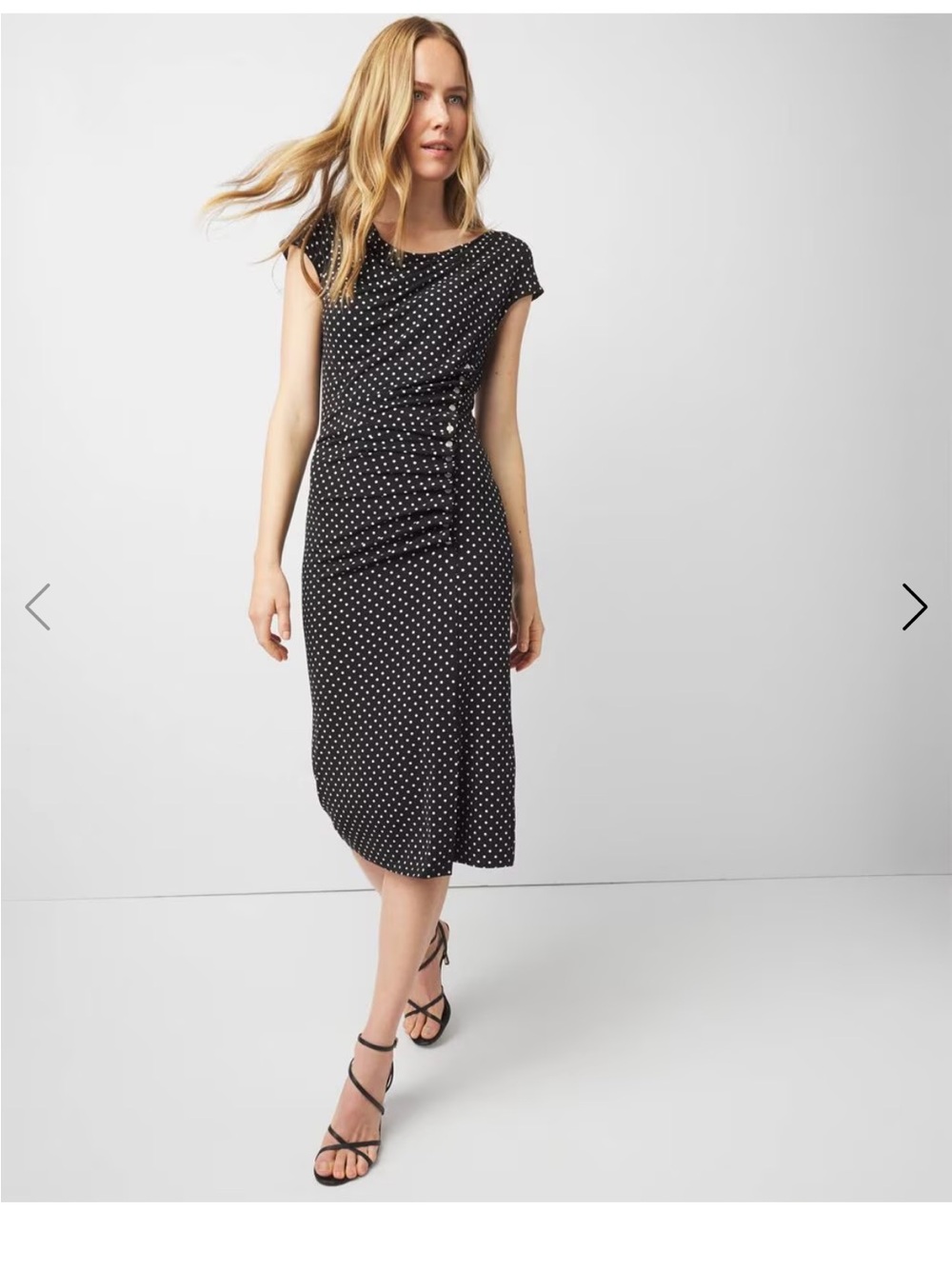 WHBM shirred midi Polka Dot Cap Sleeve Dress